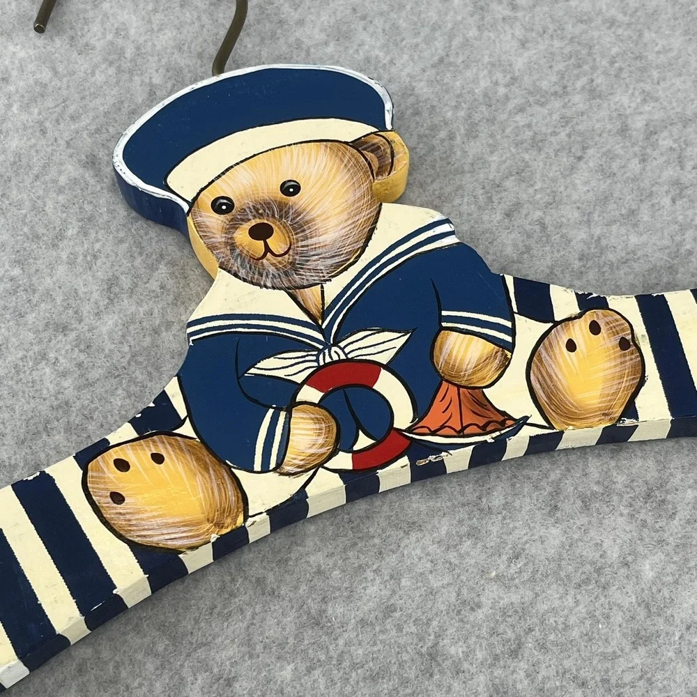 Teddy Bear Wooden Hangers Hand Painted 90s Kids Set‎ Of 2 Striped Nursery Decor